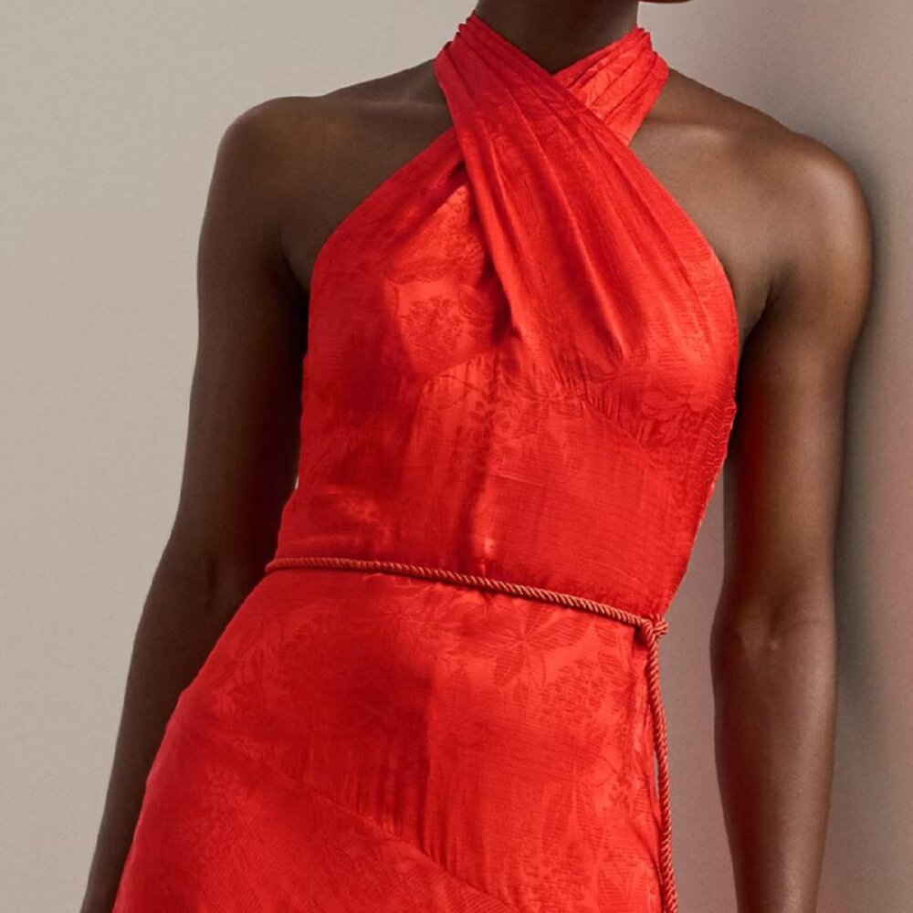 Belted Floral Jacquard Halter Gown